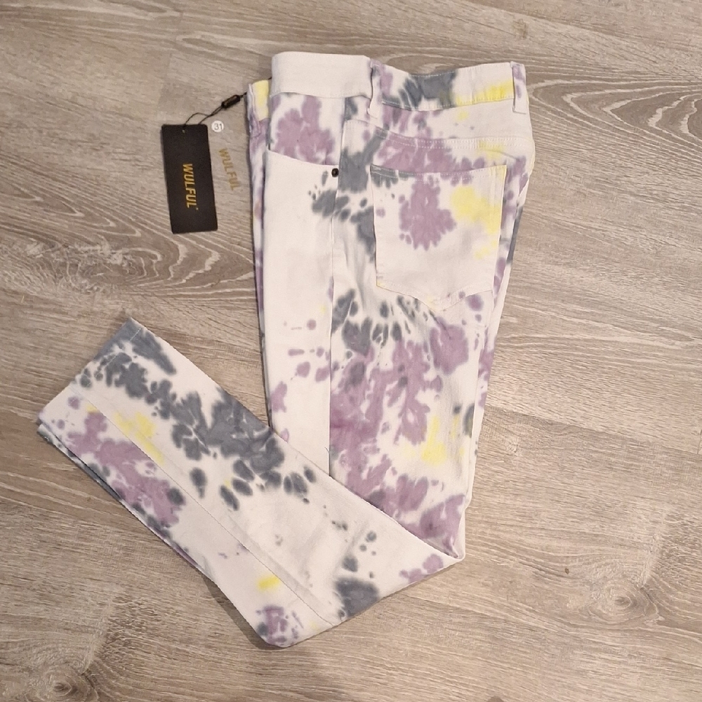 Wulful Tie-Dye Skinny Jeans with Purple and Yellow Accents